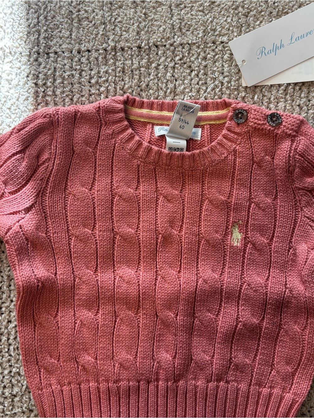 Ralph Lauren Pink Cable-Knit Crew Sweater with Shoulder Buttons